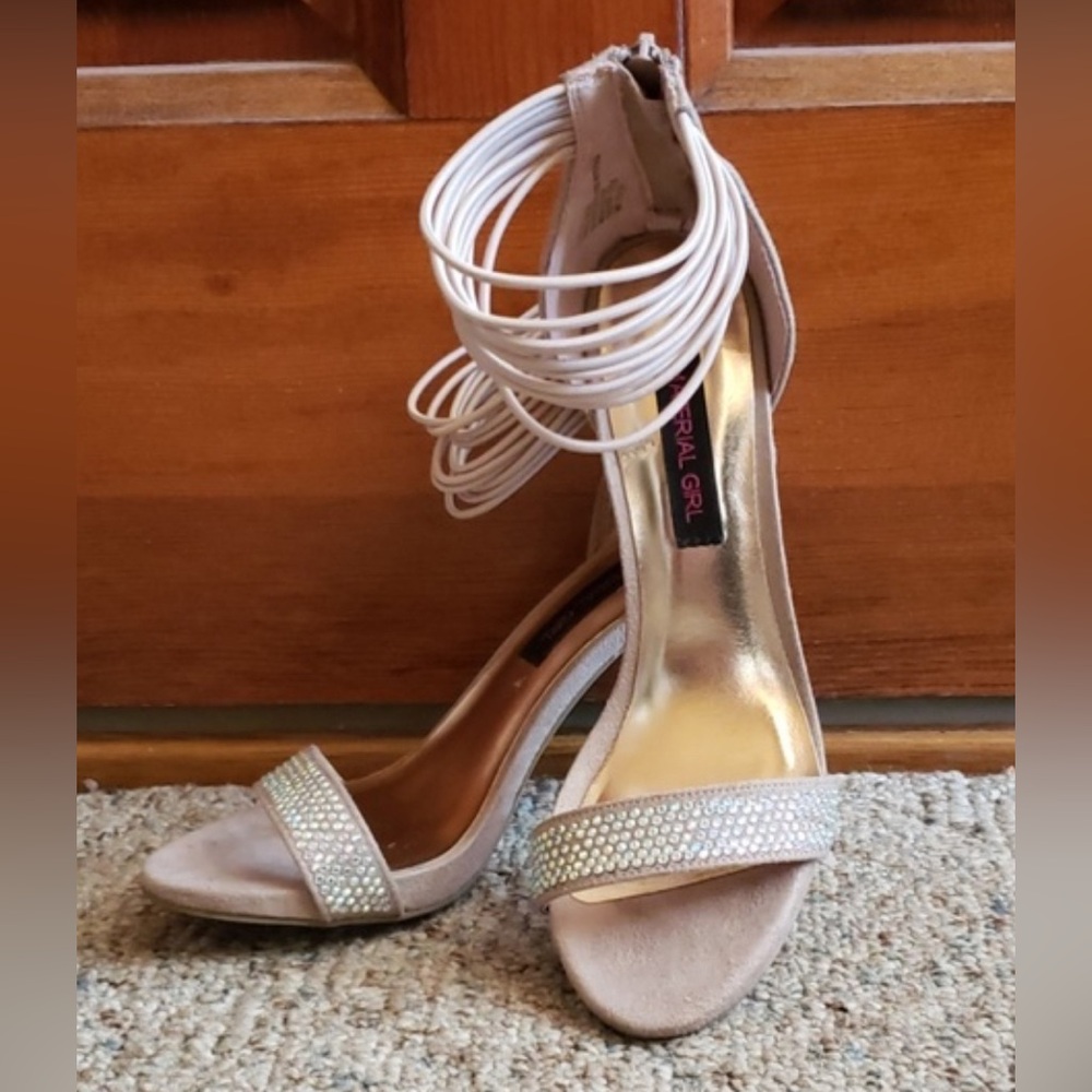 Sparkly open toe heels w/multi-strand ankle straps
Material Girl 10